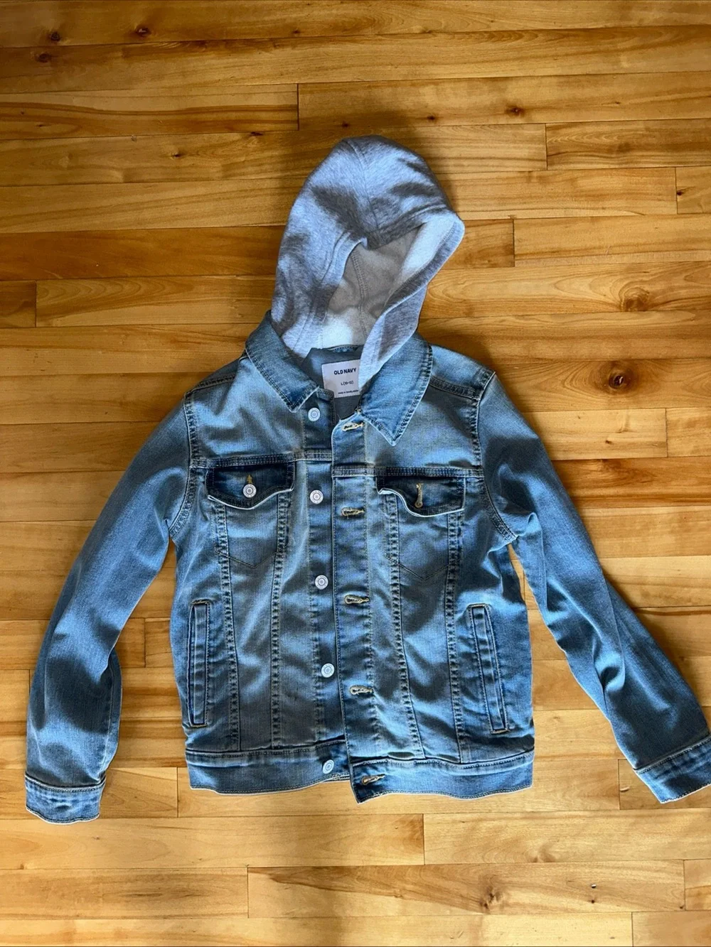 Old Navy Boys L 10-12 Denim Jean Jacket Blue Built In Hoodie Stretch Trucker